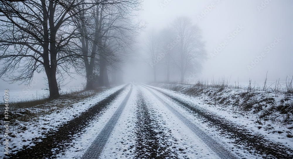 Obraz premium Winter Road Through Fog with Bare Trees and Tire Tracks
