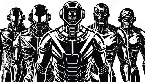 A futuristic black and white cartoon vector illustration of a male android warrior with a helmet and sword