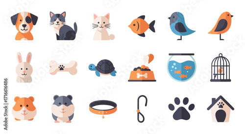 Colorful Flat-Style Pet Icons - Dog, Cat, Fish, Bird, Rabbit, Turtle, Hamster, Accessories.