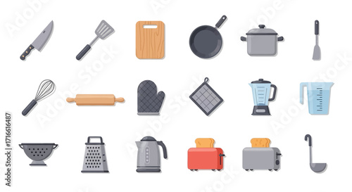Colorful Flat-Style Kitchen Utensil and Appliance Icons Set.