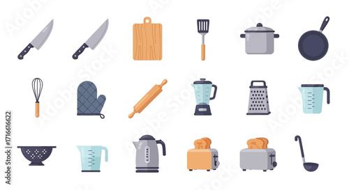 Colorful vector illustration set of kitchen tools, cooking utensils, and home appliances.