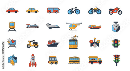 Diverse Collection of Flat Design Transportation Icons.