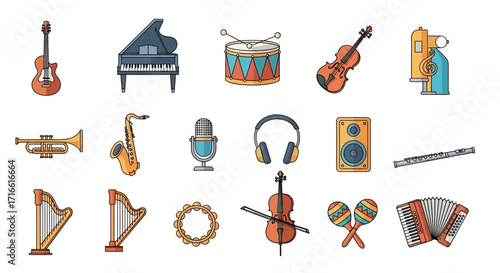 Diverse Collection of Musical Instruments and Audio Equipment Icons.