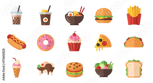 Flattened Fast Food and Drink Icons Set.