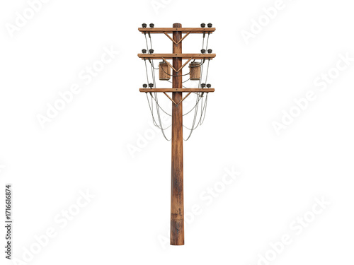 Wooden utility pole with power lines against isolated on transparent background, Clipart png