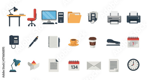 Modern Vector Flat Design Office Supplies and Equipment Icons Collection.