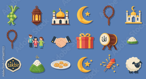 Vibrant Islamic Eid al-Fitr and al-Adha celebration icons collection, diverse Muslim holiday symbols.