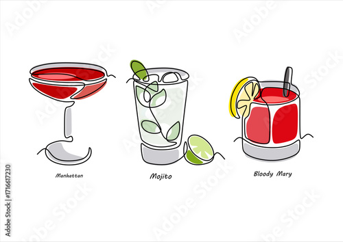 Cocktail Line Art Manhattan, Mojito and Bloody Mary. line icon-continuous line drawing. Editable stroke.