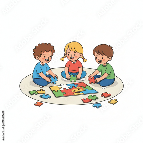 Three children are happily playing together while solving a colorful puzzle on the floor.