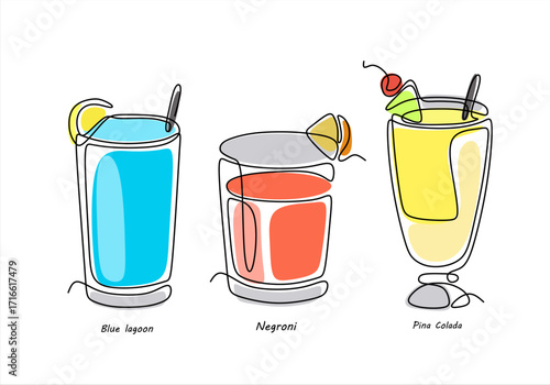 Cocktail Collection Line Art Illustrations of Blue Lagoon, Negroni and Pia Colada Drinks. line icon-continuous line drawing. Editable stroke.