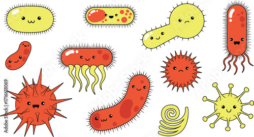 cartoon microbes, cute bacteria, colorful viruses, vector illustration, educational design, playful germs, biology art, science icon set
