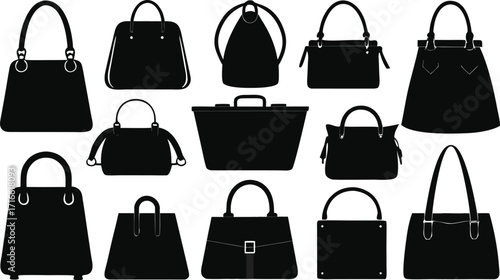 Collection of various black handbags and purses isolated on white background