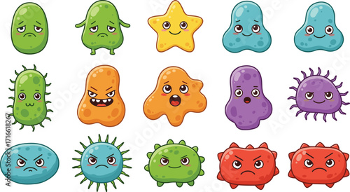 cartoon microbes, colorful germs, vector bacteria, virus characters, educational illustration, playful design, biology art, science icons