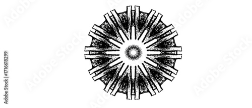 Radiant Mechanical Sun a bold, symmetrical abstract design resembling a sunburst with mechanical precision. The image from a dense circular core, creating a striking balance between organic energy.