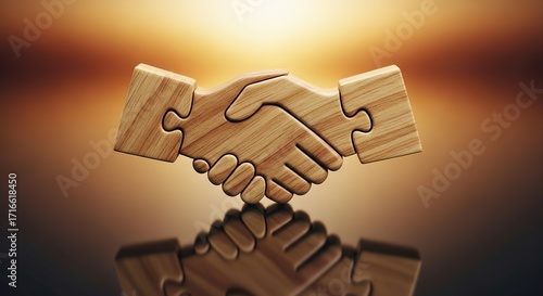 Wooden Puzzle Handshake: Partnership and Collaboration Concept