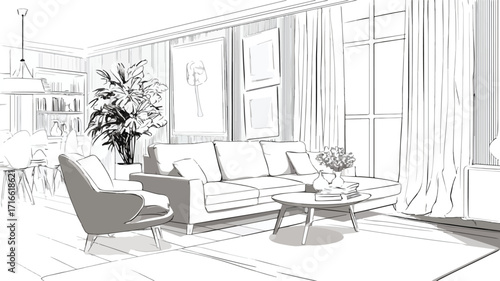 Modern Stylish Living Room Interior Vector Illustration