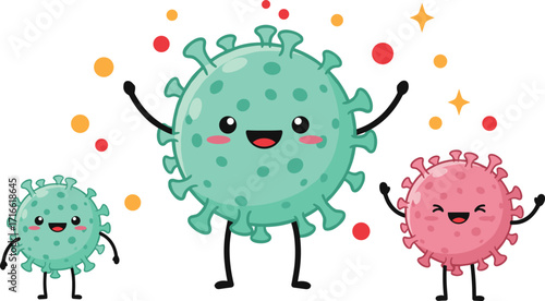 cartoon virus characters, smiling microbes, cute pathogens, vector illustration, playful design, educational health art, covid icon set