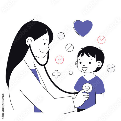 Smiling female doctor examining a childs heart with a stethoscope conveying care health and well-bei