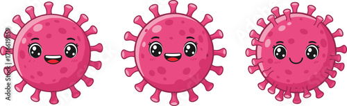 cartoon virus trio, pink microbes, smiling germs, friendly pathogens, kids clipart, educational illustration, medical icon, playful design