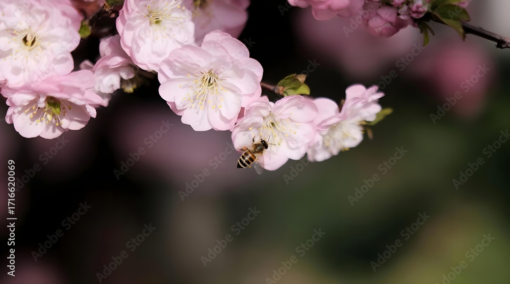 Obraz premium Peach blossoms and bee dance in spring