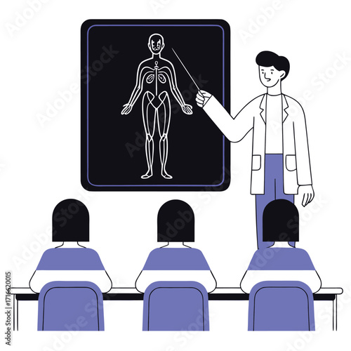 Educator teaching anatomy to students in a classroom promoting knowledge learning and health