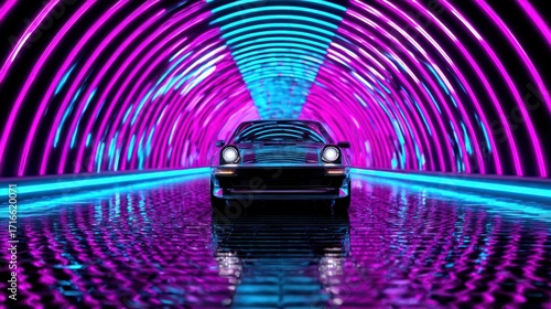 Fototapeta Naklejka Na Ścianę i Meble -  Retro car in neon tunnel