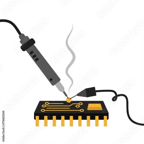 Vector Illustration of Soldering Iron Repairing Microchip Circuit Board