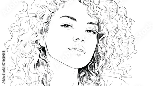 Elegant Hand-Drawn Portrait of Woman with Beautiful Flowers