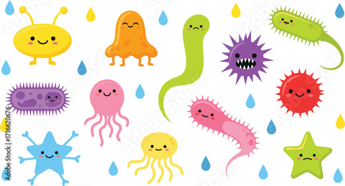 cartoon microbes with water droplets, colorful germ illustration, hygiene education, health awareness, bacteria clipart, virus character design