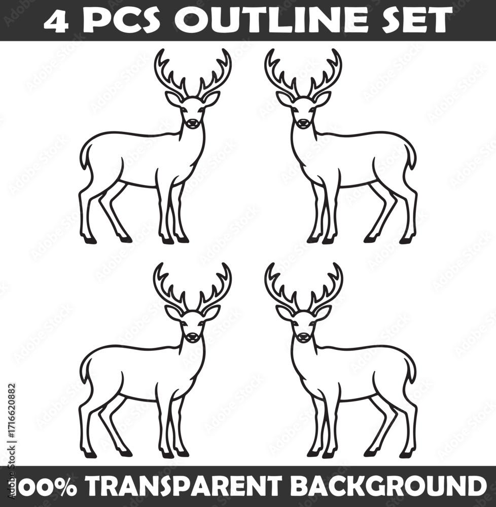 Fototapeta premium Set of Deer Outline vector illustration isolated On Transparent Background