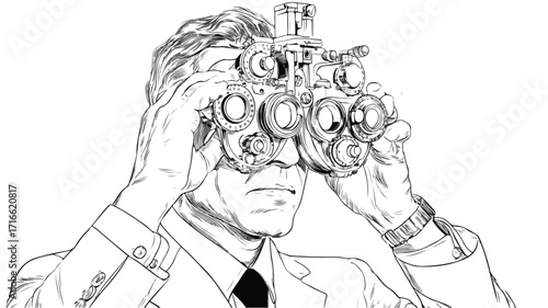 Optician Using Phoropter Vector Illustration for Eye Exam Equipment