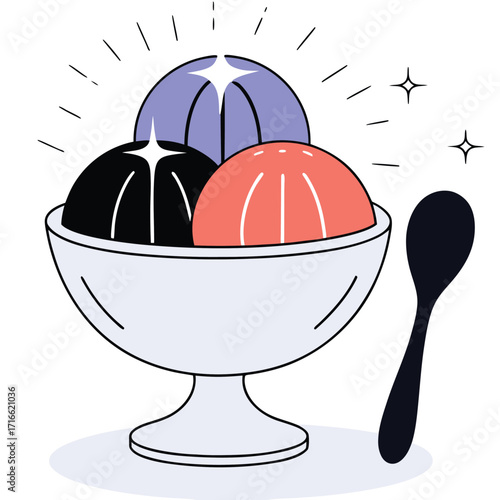 Colorful Ice Cream Sundae in a Bowl with Sparkles and Spoon Keywords: ice cream, sundae, bowl, spoon