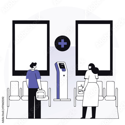 Man and woman waiting for their turn in a clinic waiting room maintaining social distance practicing