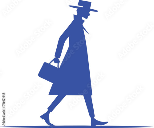 Silhouette of a person in a trench coat and hat walking with a briefcase isolated on white background