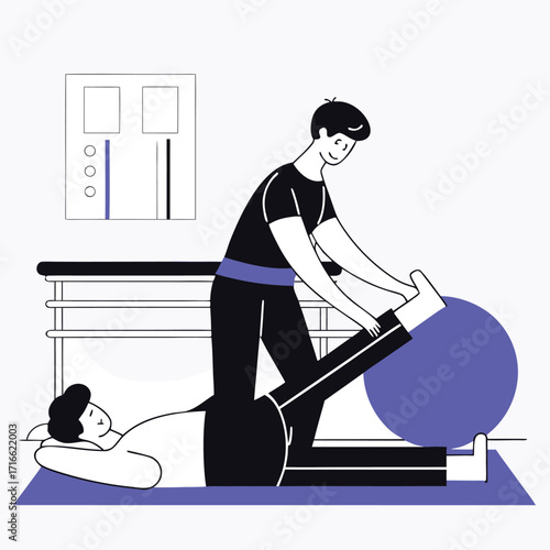 Physical therapist assisting patient with leg stretches using a fitness ball in a clinic promoting h