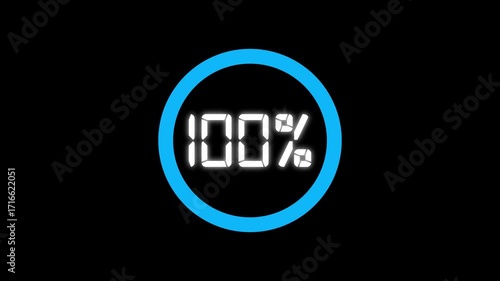 Circle percentage diagrams. Blue neon glowing counter. Futuristic loading circle ring. Loading transfer download animation 0-100%. Alpha channel, 4K. Loading Video Effect With Percentage Counter