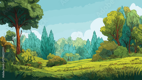 Tranquil Forest Landscape with Green Grass Nature Scene