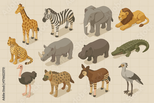 the twelve stylized animals typical of the African savannah. Each animal is rendered in a minimalist 3D style with natural colors.