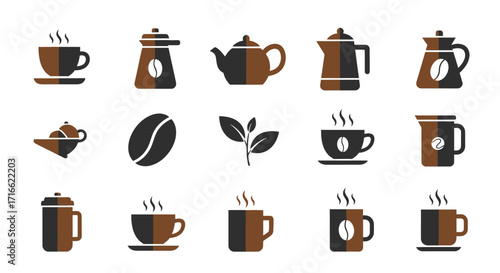 A collection of flat design coffee and tea icons in brown and black, featuring cups, pots, a bean, and leaves.