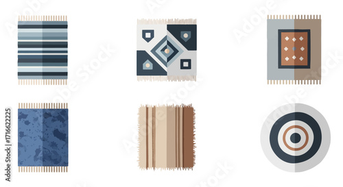 A collection of six flat design rug icons with various striped, geometric, and circular patterns.