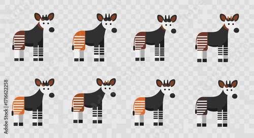 A collection of stylized geometric okapi illustrations with flat design and striped patterns.