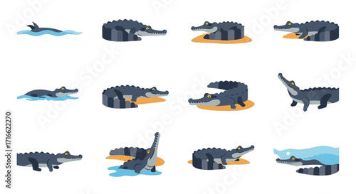 A collection of stylized cartoon crocodiles and alligators in various poses, including swimming, basking, and walking, presented in a flat vector illustration s
