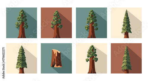 A collection of stylized giant sequoia and redwood tree icons in a modern flat design with long shadows.