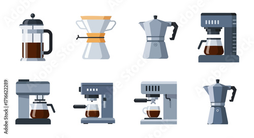 A collection of various coffee makers and brewing machines in a flat vector illustration style.