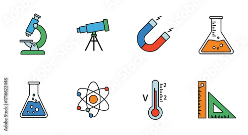 A colorful set of hand-drawn science and education icons, including a microscope, telescope, and lab flasks.