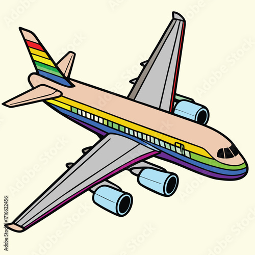 Rainbow airplane flying high above the clouds symbolizing freedom travel and LGBTQ pride