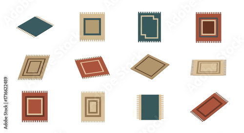 A diverse collection of colorful traditional rugs and carpets with geometric patterns, borders, and decorative fringes, shown in various perspectives.