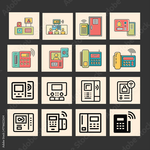 Video Door Phone and Smart Intercom Icons Set – Security Access, Communication, Door Entry