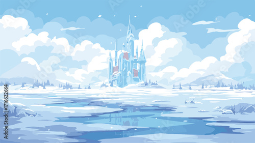 Snowy Landscape with Ice Castle Vector Illustration
