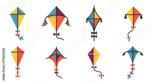 A vibrant collection of eight colorful, stylized kites with geometric patterns and decorative tails.